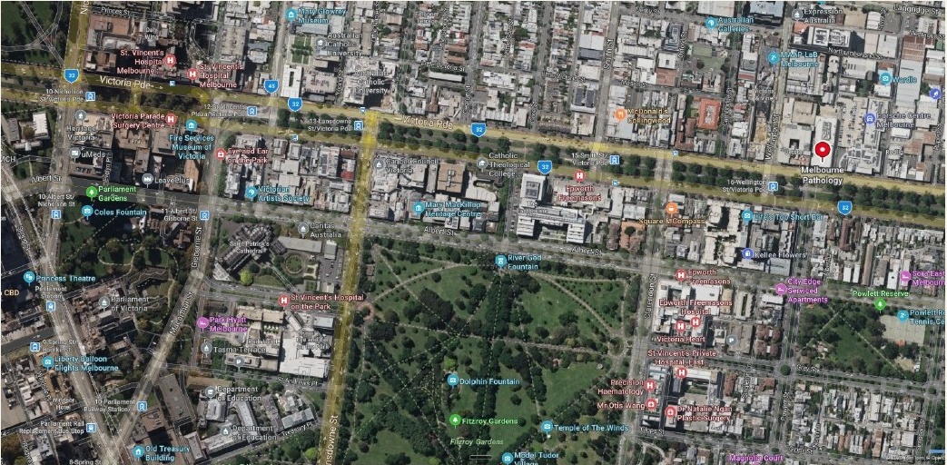 Aerial map of the East Melbourne health and medical precinct